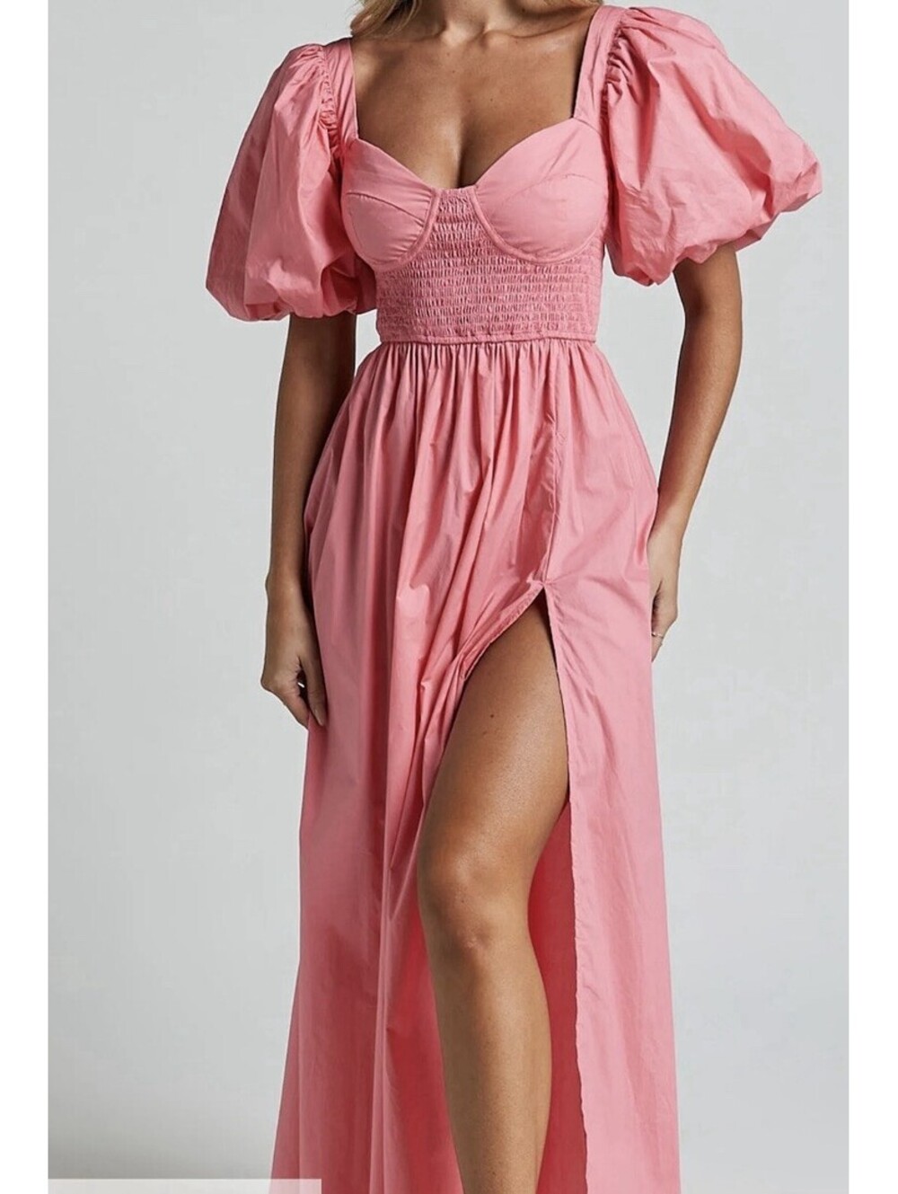 Shop Po RAIZA MIDI DRESS Shirred Waist Puff Sleeve Dress in Coral Pink Size 14